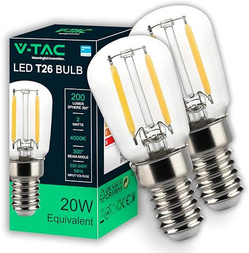 V-TAC 2x Lampadina LED Filamento T26 per Frigorifero e Lampade - Attacco E14-2W - 200 Lumen - Lampadine LED Piccole per Massima Efficienza e Risparmio Energetico - Luce 3000K Bianca Calda