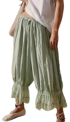 ThiCc Women's Long Bloomer Pants - Lace Trim Victorian Pantaloons Y2K Elastic Waist Maid Ruffle Pumpkin Trousers Comfortable Lounge Mid Rise Capri for Home Daily Relaxation (Green,L)