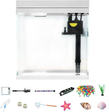 Aquarium Komplettset, 15L Mini Aquarium Dreifarbige LED-Röhre 30 * 20 * 30cm Aquarium Klein mit Leise Wasserpumpe Filtersystem und Wasserzirkulation Weißes Aquarien Starterset für Büro und Wohnen