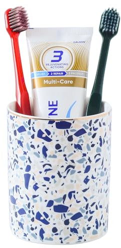 Maxramic Ceramic Toothbrush Holder Toothpaste Holders, Cute Bathroom Tumbler Cups Reusable,Checkered Bathroom Counter Decor Organizer, Makeup Brush Holder,Pen Holder (Terrazzo)
