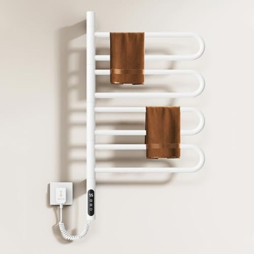 DOKKOME Handduksvärmare, elektrisk badhanddukstork, elektrisk badvärmare, 130 W med timer och termostat, 30–70 °C (vitt runt rör)