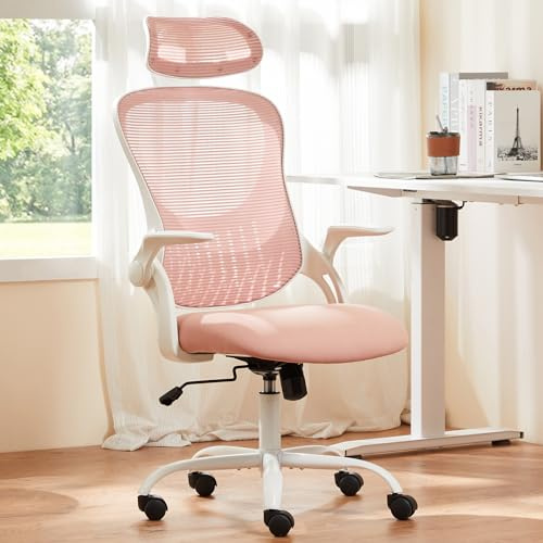 Sweetcrispy Home Office Managerial Executive Chair, High-Back Mesh with Adjustable Headrest, Flip-up Armrest Comfortable Lumbar Support, Comfy Arms for Bedroom,Study,Student