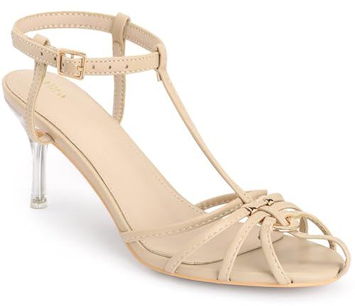 Perphy Women Caged Toe Strappy Stiletto Heels T-Strap Slingback Sandals | 3-inch polycarbonate heels. Cherry Red and Beige options. Great for parties, weddings, dates, cocktail, travel
