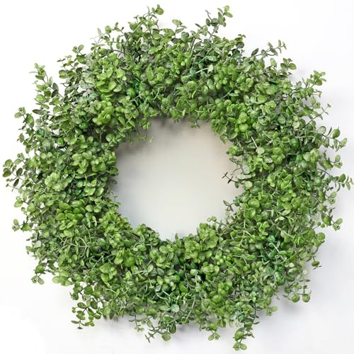 Dremisland Artificial Eucalyptus Wreath for Front Door 22in/56cm Spring Summer Green Wreath Boxwood Door Wreaths Fake Green Wreaths Garland Easter Decor for Indoor Outdoor Window Porch Farmhouse
