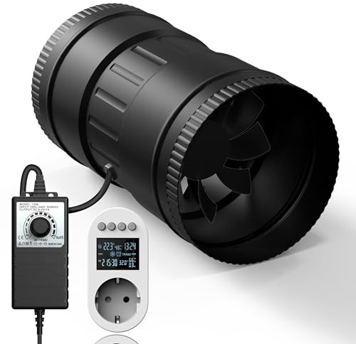 Brogachy Ajustable Extractor de aire 100 mm,Ventilador de extracción 221 m³/h, Toma de corriente con temporizador, retardo y sensor de temperatura y humedad, para tiendas de crecimiento,ventilación