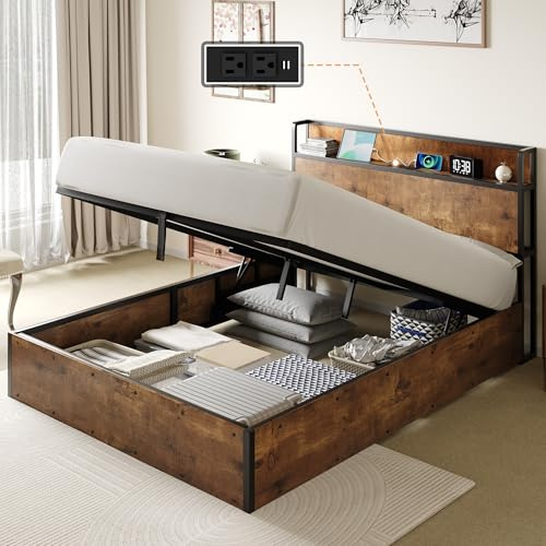 LUXOAK Lit Coffre 160x200 Bois, Lit avec Rangement et Tête de Lit avec Station de Charge USB & Prises de Courant, Cadre de Lit Plateforme Silencieux, Lit 160x200 avec Sommier Coffre, Marron Rustique