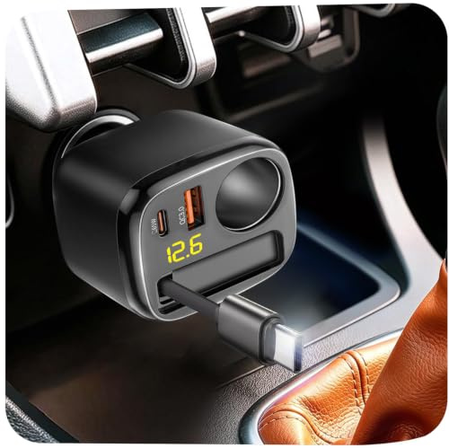 Retractable USB C Car Charger, 215W 4 in 1 Cigarette Lighter Adapter