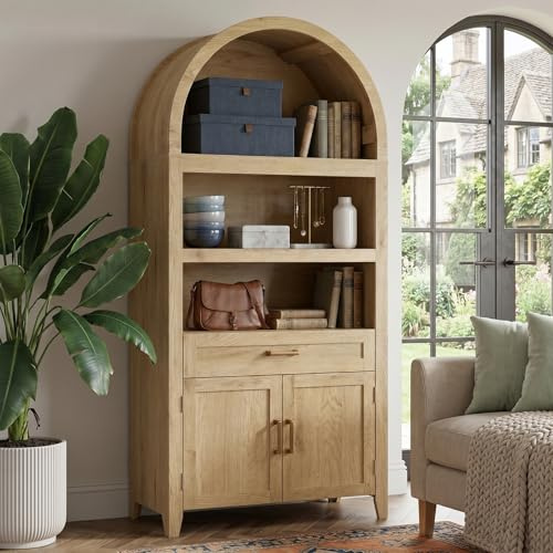 LNRLZYLS 65 Inch Tall Arched Bookcase Display Cabinet with Open Shelves | Drawer and Double Doors,Wooden Pantry Storage Cabinet for Living Room, Office and Kitchen, Natural Oak (65in)