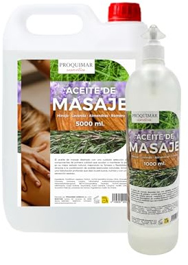 Aceite de Masaje con Romero, Almendra, Lavanda e Hinojo – Relajante, Revitalizante y Aromático – Textura Suave, Hidratante y Profesional – 5L + Botella Dosificadora 1L