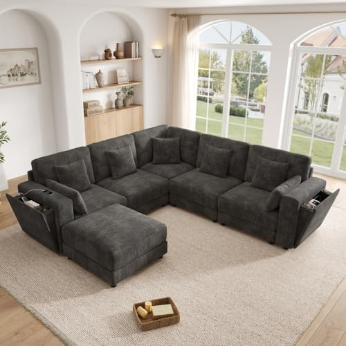 Sapgaks Canapé d'angle,Canapé modulaire 6 Places,avec Ports USB et Type C, Porte-gobelets et rangements intégrés, Tissu Chenille, avec 7 Coussins, pour Salon, Chambre et Bureau, Gris