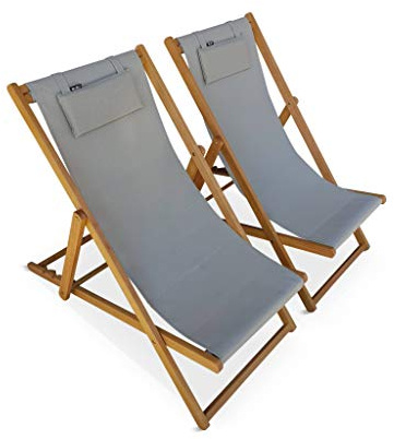 Alice's Garden - Chiliennes Bois - Creus - 2 transats en Bois d'Eucalyptus huilé avec Coussin Repose-tête Gris Taupe