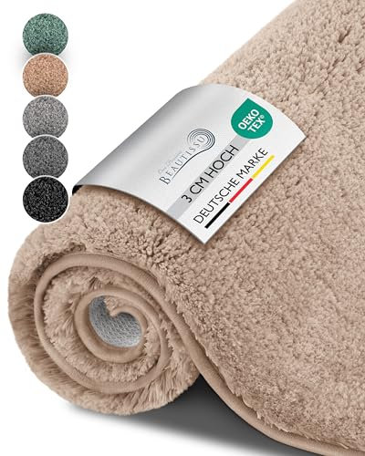 Beautissu Badvorleger rutschfest Waschbar 80x50 cm – Duschvorleger Hochflor Badematte rutschfest Shaggy – Flauschig Badvorleger Badezimmerteppich – Badezimmer Badematte Natur BeauMare FL