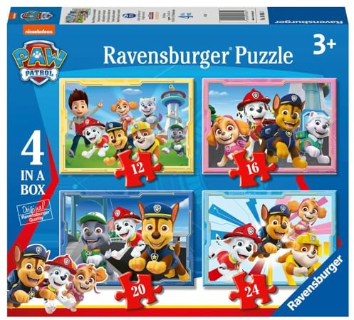 Ravensburger - Puzzle Bambini 3 Anni 4 in a box, Paw Patrol - Puzzle 3 Anni, Collezione Paw Patrol, Include 4 Puzzle 12-16-20-24 Pezzi Progressivi, Giochi Educativi, Idee Regalo