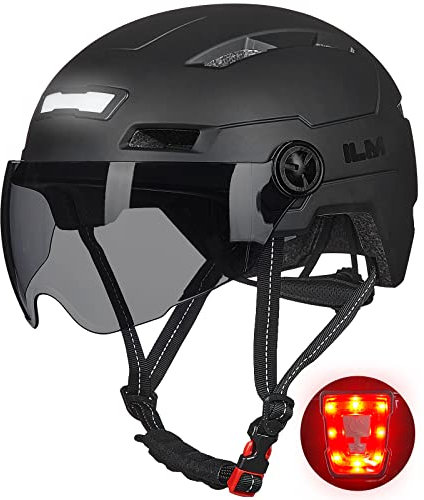 ILM Fahrradhelm mit Visier und LED Licht Mountain&Road Fahrradhelme für Damen und Herren Fahrradhelm für Pendeln in der Stadt E3-10L，schwarz S-M