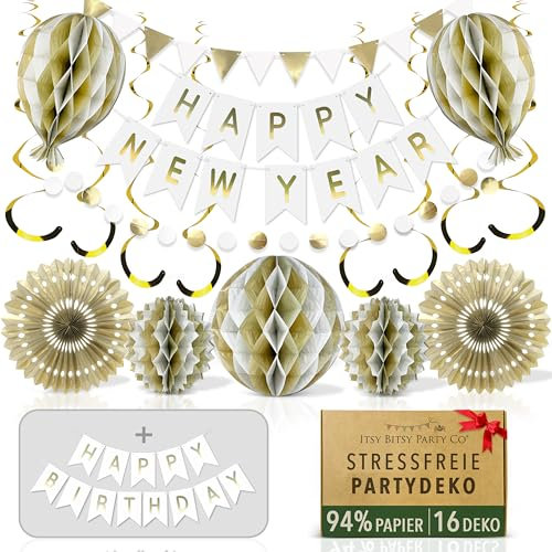 Riutilizzabili Bianco e Oro Set Decorazioni Festa – Striscione Multi-Occasione, Ghirlanda, Lanterne di Carta, Festoni Compleanno Bambina, Tema 18 Pezzi per Itsy Bitsy Party Co.