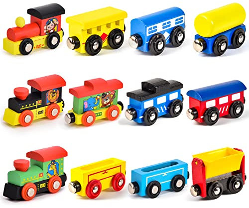 Atoylink 12Pack Holzzug Montessori Magnetzug Set Holzspielzeug Baby Spielzeug Motorikspielzeug Kinderspielzeug Eisenbahn Zug Fahrzeuge Geschenk für Kleinkinder Jungen Mädchen 3 4 5 6 7 8 Jahren