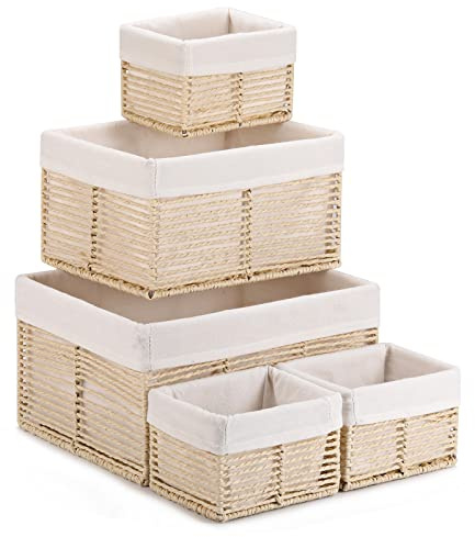 Vagusicc Wicker Storage Basket, Hand-Woven Paper Rope Basket, Rectangular Small Basket for Organizing, Cube Storage Bin for Closet/Clothes/Dresser, Beige, 5-Pack