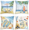 Bonhause 4er Set Kissenbezüge Sommer Strand 45 x 45 cm Seestern Surfbrett Palme Meer Landschaft Dekorative Kissenhülle Zierkissenbezüge für Sofa Wohnzimmer Zuhause Sommer Dekoration