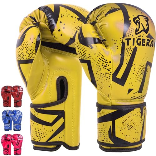 Tigera Guantes de boxeo para niños, kickboxing, Muay Thai sparring, entrenamiento, saco de boxeo, saco de arena, artes marciales, guantes de entrenamiento para niños, niñas (8 oz, amarillo)