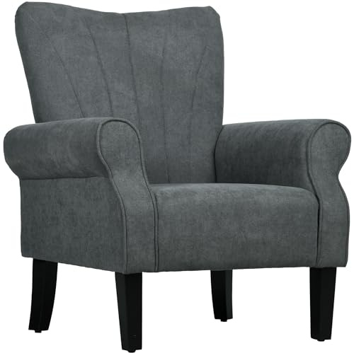 HOMCOM Armchair, Linen Wingback Accent Chair with Rolled Arms and Rubberwood Legs, Fireside Occasional Chair for Living Room, Bedroom, Grey
