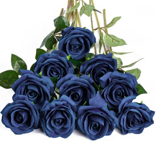 DuHouse 10 rose finte fiori di seta artificiali fiori di rosa finto fiore lunghi steli bouquet per organizzare matrimoni centrotavola festa casa decorazione cucina (Blu navy)
