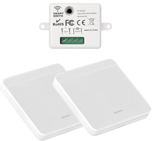 SKIKHN Funk Lichtschalter, RF433 Funk Lichtschalter Set, Funkschalter Licht von 30 Metern, für Lampe Innen Außenbereich (1 Empfänger mit 2 Schalter)
