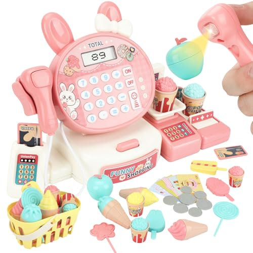 Kasse Kaufladen Kinder mit Scanner und Sound, Kinderkasse mit Rechnerfunktion, Spielkasse Kinder, Spielzeug Kasse, Elektronische Supermarkt Spielzeug Geschenk für Mädchen Jungen ab 3 Jahren