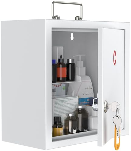 Uniclife Wandmontierter Medizinschrank mit Schlüsselschloss & Griffverriegelung Erste-Hilfe-Schrank Abschließbarer medizinischer Schrank Medium Medizin-Organizer Sicherer Stahl-Wandschrank