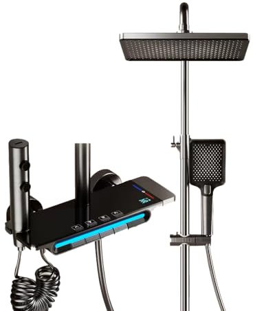 Idynov D25 - Columna de Ducha Termostática Negra con Grifo de Pared - Diseño Piano, Pantalla LED de Temperatura, Grifo y Ducha de Mano Incluidos, Cabezal Efecto Lluvia | Sistema Moderno para Baño