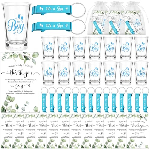 LIUBUJINGYING 36 Sets Baby Shower Favors Shot Glasses It's a Boy Acrylic Shot Glasses with Bottle Opener Keychain Card Organza Bag Boy Girl Theme Party Thank You Return Gift for Guests Gender Reveal
