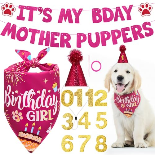 Dog Birthday Bandana Cute Pet Party Outfit Scarf Flag Gold Number Decorations Rose Red Birthday Supplies Accessories for Small Medium Dogs