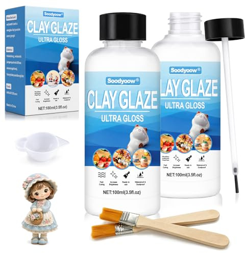Soodyoow 2 x 100ml Clay Glaze, Air Dry Clay Glaze,High Gloss Varnish and Sealant, Waterproof Scratch Resistant Finish to Prevent Cracking, Wear, for Pottery Sculptures Crafts