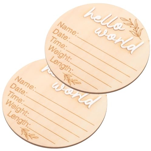 Mikikit 2pcs Wooden Birth Announcement Sign Set Circular Nursery Name Plaques for Newborns Baby Photo Prop and Party Decor in Brown Colour