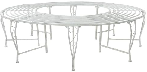 Kaloriko Banc d’Arbre Rond 8 Places Ø 160 x 44 cm en Acier Finition Mate Blanc Antique, Banc Jardin Exterieur pour terrasse Balcon Patio Cour Parc Veranda, Resistant aux intempéries, Montage Facile