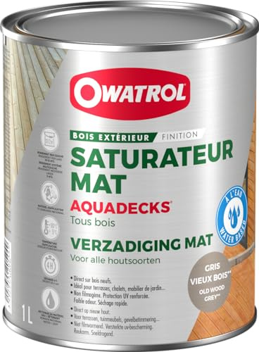OWATROL - AQUADECKS - Teinte Gris vieux bois - Saturateur Mat à l'Eau pour Protection Bois Exotiques Extérieurs Teck Ipé Bangkiraï Acacia Maçaranduba - 1 L