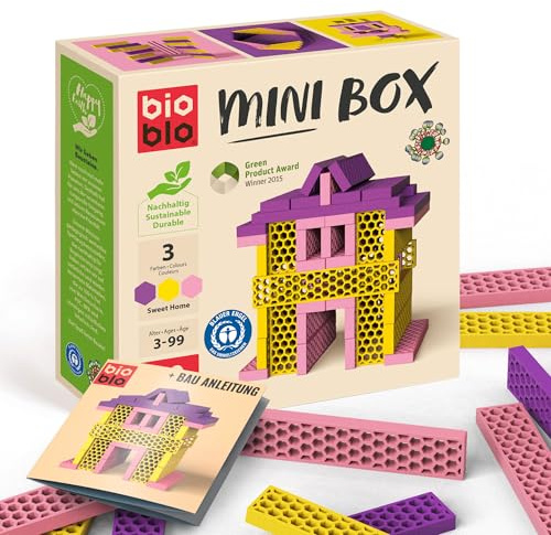 bioblo Mini Box Sweet Home Mix 40 Stück, Nachhaltige Bauklötze für Kinder ab 3 Jahren, Bunte Holzbausteine Kinderspielzeug, STEM Montessori Spielzeug für Stapel- & Balancierspiele