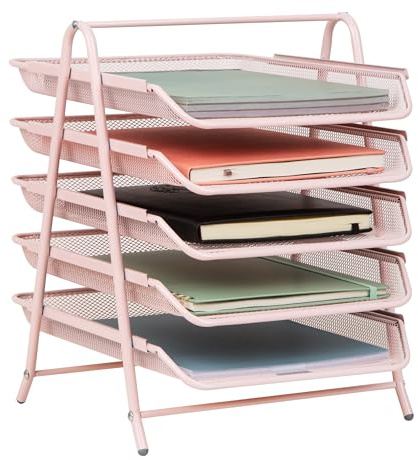 Mind Reader 5-Tier Paper Tray Organizer, Vertical Desktop File Storage Rack, Office, Metal Mesh, Pink