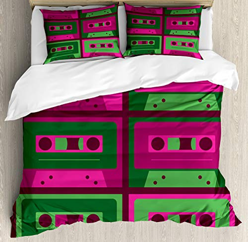 Ambesonne Retro Duvet Cover Set, Cool and Vintage Cassettes Retro Technology in Bicolour Tones, Decorative 3 Piece Bedding Set with 2 Pillow Shams, Queen Size, Dark Magenta Fern Green