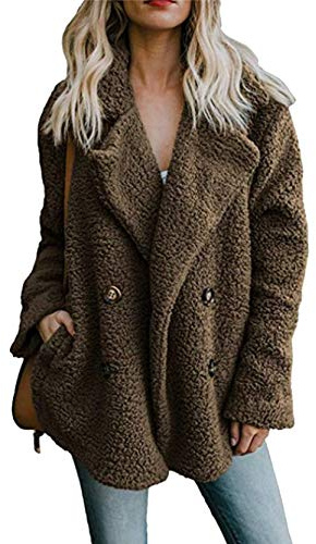 YMING Femmes Cardigan Chaud Double Poitrine Veste Doux Peluche Polaire Manteau Faux Fourrure Manteau Marron M
