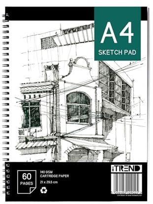 iTrend A4 Artist Sketch Book - Spiral Sketchbook - White Cartridge Art Drawing Paper - A4 60 Pages Sketch Pad - 140GSM Cartridge Paper - 21 x 29.5cm