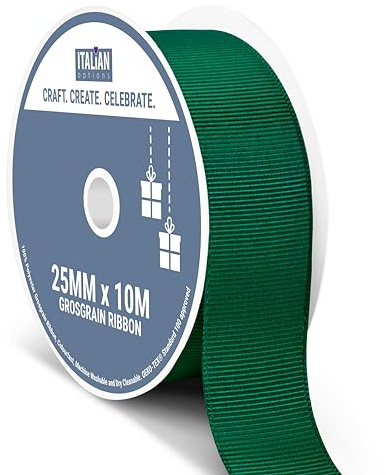 Italian Options Grosgrain Ribbon 25mm, Strong Plain Dark Green Ribbon for Bows, Wedding, Crafting, Sewing, Hair Accessories, Gift Wrap, 25 mm x 10 Metre Roll, Dark Green