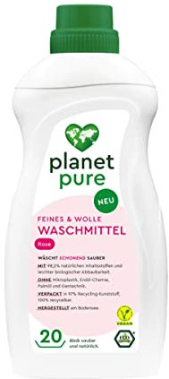 Planet Pure Feines & Wolle Waschmittel Rose - natürlich Waschen - umweltfreundlich - bis zu 20 Waschladungen - 98% der Inhaltsstoffe sind natürlichen Ursprungs - leichte biologische Abbaubarkeit - 1 l
