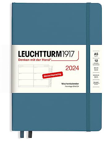 LEUCHTTURM1917 367619 Wochenkalender Medium (A5) 2024, mit Extraheft für Adressen und Jahrestage, Stone Blue, Deutsch, 12 Monate