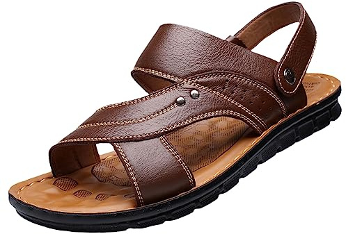 Sandales en cuir à bout ouvert pour homme - Sandales de plage en plein air - Pantoufles décontractées à deux utilisations - Chaussures d'été grande taille, marron foncé, 42 2/3 EU