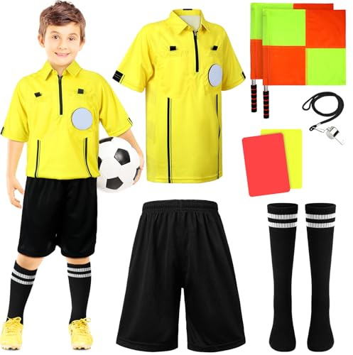 Newcotte 11 Pcs Kids Soccer Referee Kit Halloween Children Referee Costume Umpire Gear Set Youth Ref Shirt Pants Socks Whistle with Lanyard Penalty Flag Soccer Card(Age 10-12)