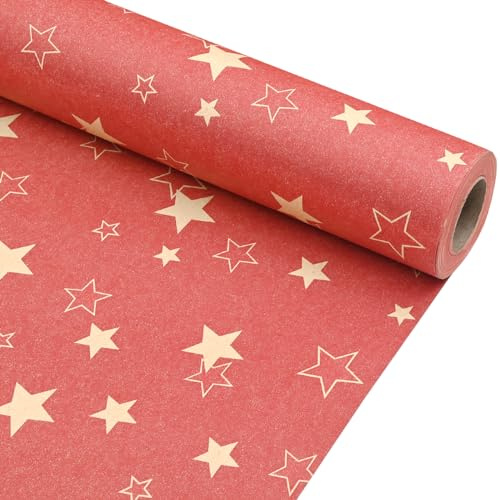 Red Star Wrapping Paper Roll, 43cm x 15m Birthday Kraft Gift Wrap | Holiday Gift Wrap Roll, Premium Eco Kraft Paper, Perfect for Birthday, Mother's Day & Christmas