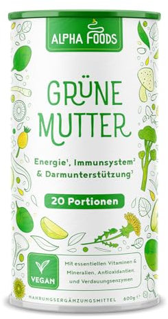 Super Greens Polvere | 600 g | Superalimenti Verdi con Vitamine del gruppo B, Vitamina D3, Spirulina, Curcuma, Wheatgrass Powder, Moringa | Frullato Multivitaminico e Minerali | Vegan | Alpha Foods