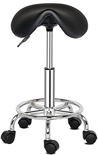 Bonnlo Sattelhocker, Rollhocker höhenverstellbar, Arbeitshocker 360° drehbar, Drehhocker für Büro/Salon/Bar, Kunstleder, Schwarz