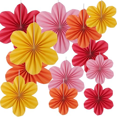12 PCS Hanging Fans with Paper Flowers, 20/25/35 cm Lanyard Pin Decorations for Party, Wedding, Festival (Red, Yellow, Pink, Orange)