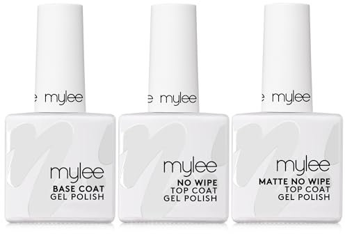 Mylee Nail Gel Polish Coat Trio Set - Matte & No Wipe Top Coats + Base Coat, 3x10ml - UV/LED Soak-Off Nail Art Manicure Pedicure Salon & Home Use - Long Lasting, Easy to Apply, No Chips